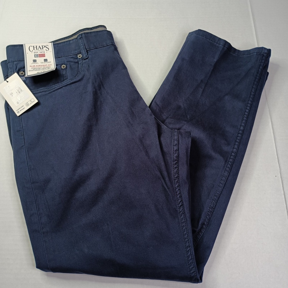Chaps 5-Pocket Twill Pants Men's Size 38x30 Navy Blue Slim Straight Fit Stretch